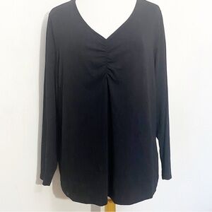 Susan Graver Weekend Black Ruched V-Neck Long Sleeve Cotton Blend Tee 1X